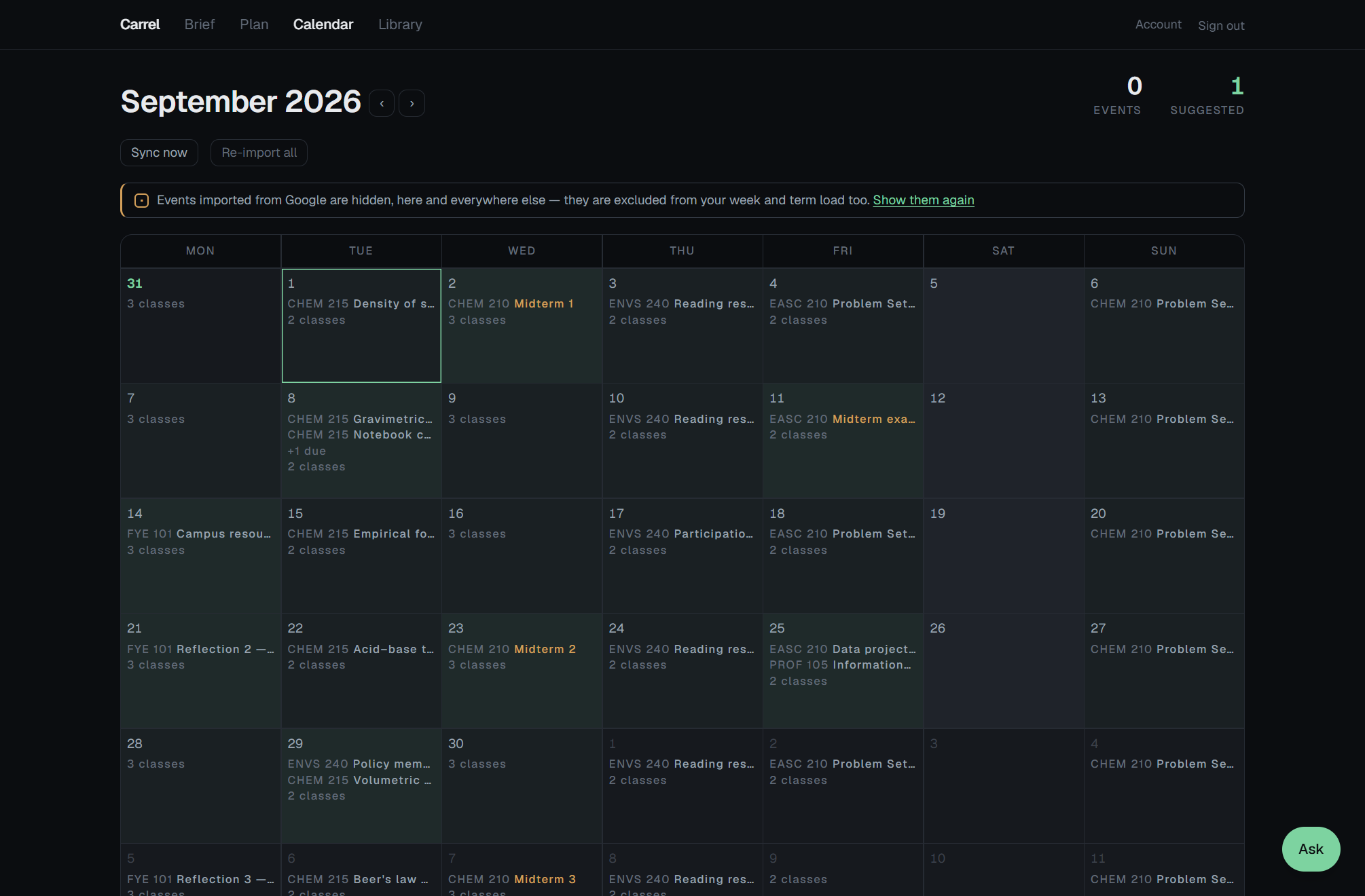 The Calendar screen for September 2026: a month grid where most days name what is due — problem sets, lab reports and reading responses, each under its course code — with four midterms picked out in amber, a count of classes beneath, and a banner reporting that events imported from Google are currently hidden everywhere.